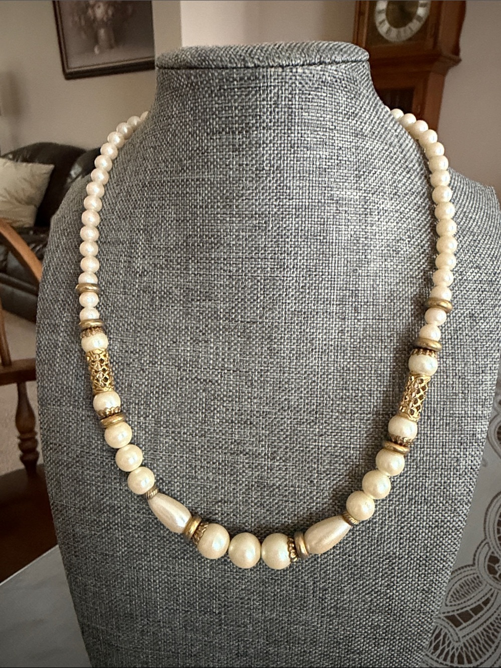 Vintage 1928 Jewelry faux pearl necklace with gold-tone filigree & texture metal